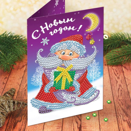 Алмазная вышивка на открытке 'Дед Мороз' + емкость, стержень с клеевой подушечкой
